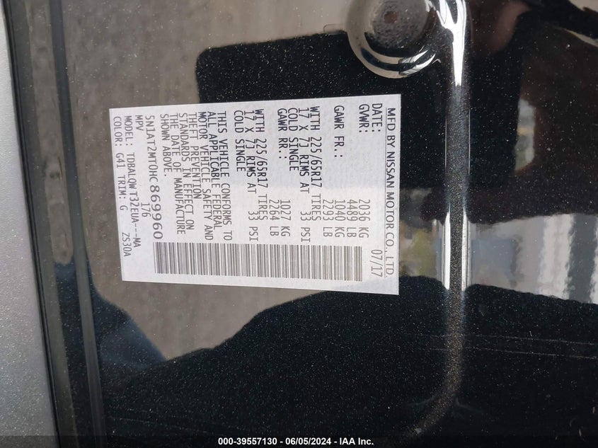 2017 Nissan Rogue Sv VIN: 5N1AT2MT0HC869960 Lot: 39557130