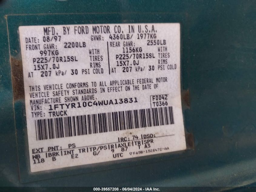 1998 Ford Ranger Splash/Xl/Xlt VIN: 1FTYR10C4WUA13831 Lot: 39557208