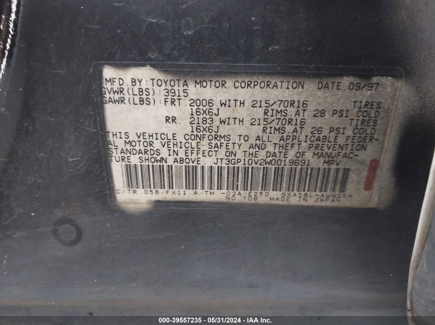1998 Toyota Rav4 VIN: JT3GP10V2W0019691 Lot: 39557235