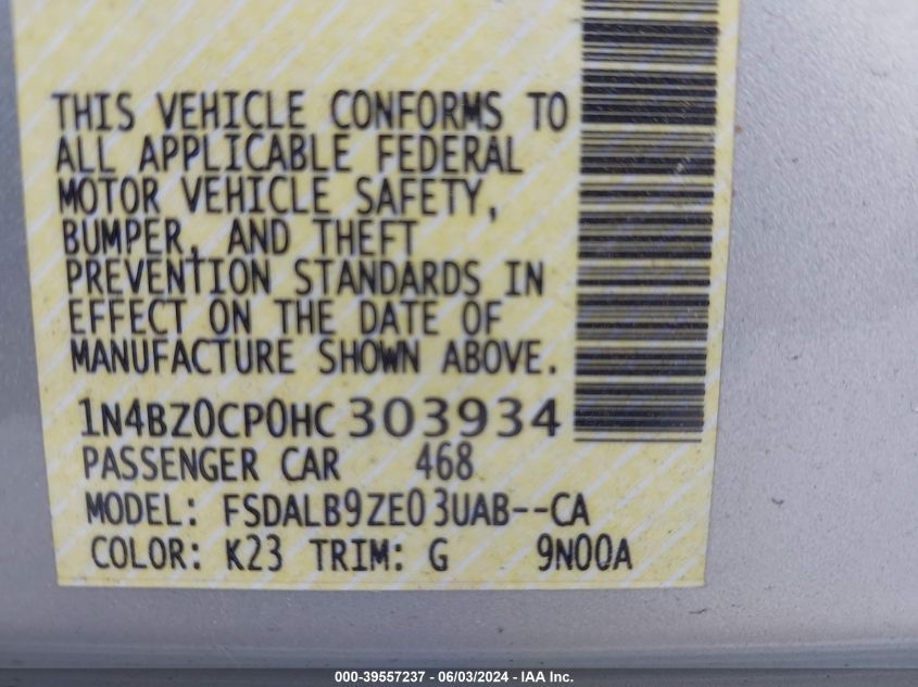 2017 Nissan Leaf S VIN: 1N4BZ0CP0HC303934 Lot: 39557237