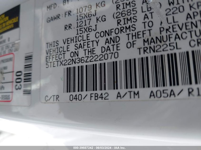2006 Toyota Tacoma VIN: 5TETX22N36Z222070 Lot: 39557242
