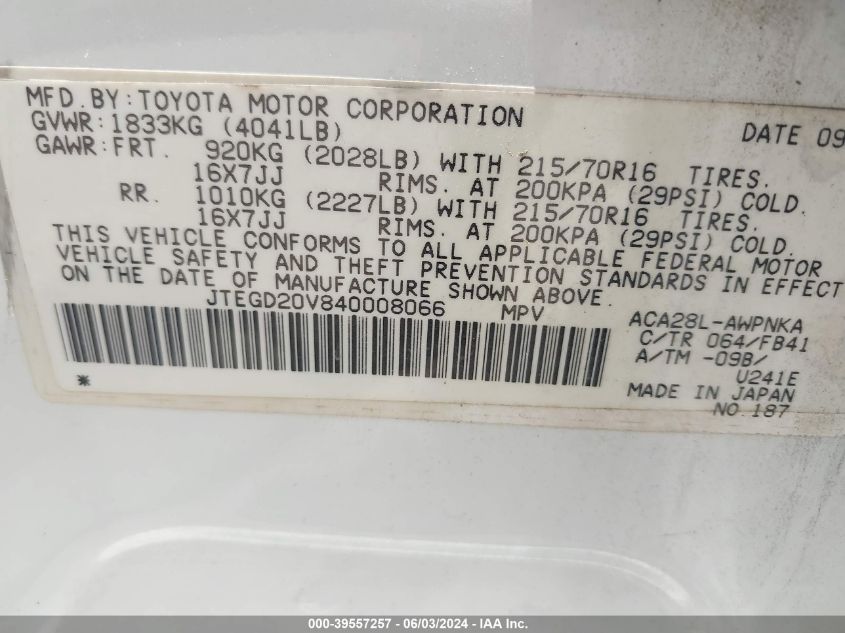 2004 Toyota Rav4 VIN: JTEGD20V840008066 Lot: 39557257