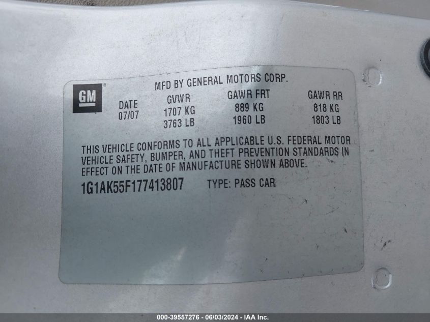 2007 Chevrolet Cobalt Ls VIN: 1G1AK55F177413807 Lot: 39557276