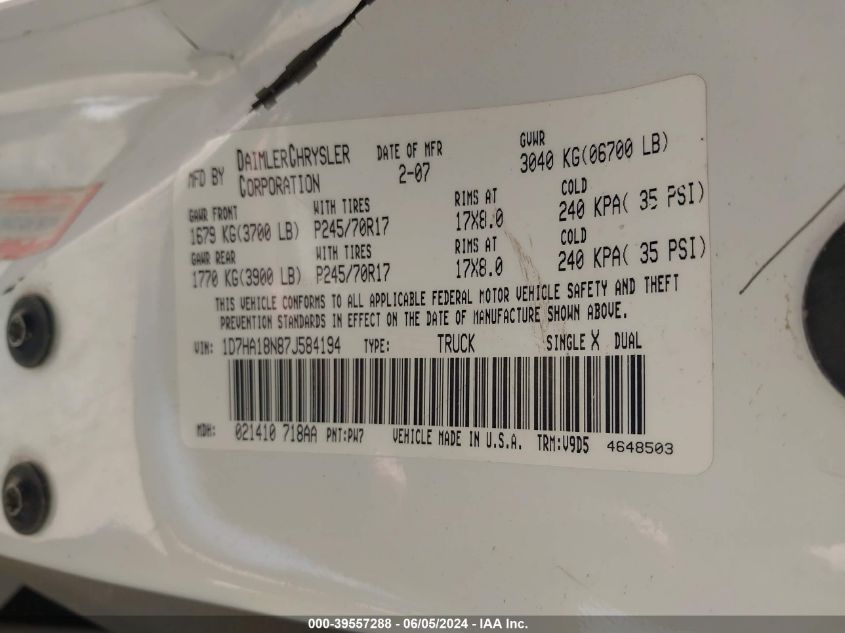 2007 Dodge Ram 1500 Slt VIN: 1D7HA18N87J584194 Lot: 39557288
