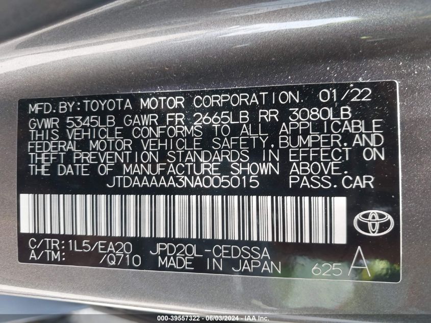 2022 Toyota Mirai Xle VIN: JTDAAAAA3NA005015 Lot: 39557322