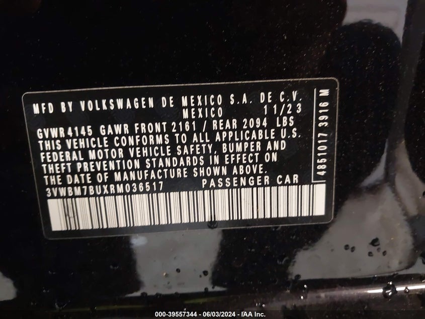 2024 Volkswagen Jetta 1.5T Sport VIN: 3VWBM7BUXRM036517 Lot: 39557344