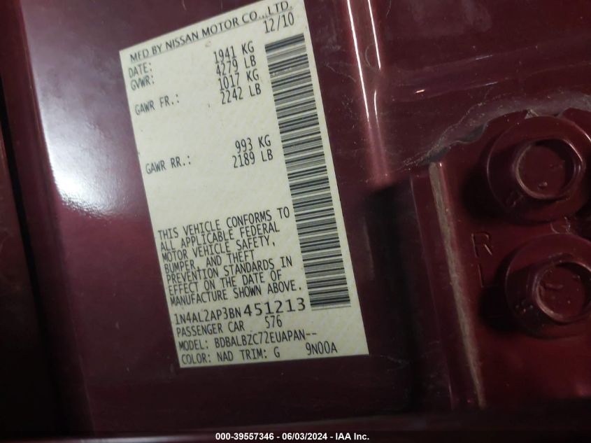 2011 Nissan Altima S VIN: 1N4AL2AP3BN451213 Lot: 39557346