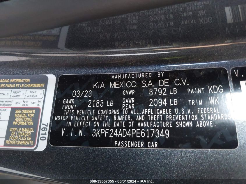 2023 Kia Forte Lxs VIN: 3KPF24AD4PE617349 Lot: 39557355