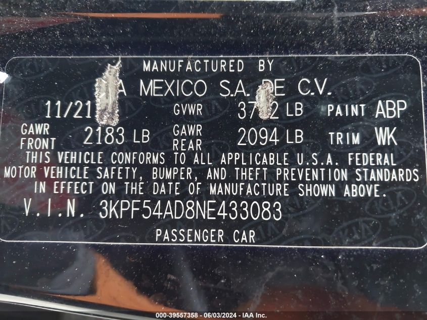 2022 Kia Forte Gt-Line VIN: 3KPF54AD8NE433083 Lot: 39557358