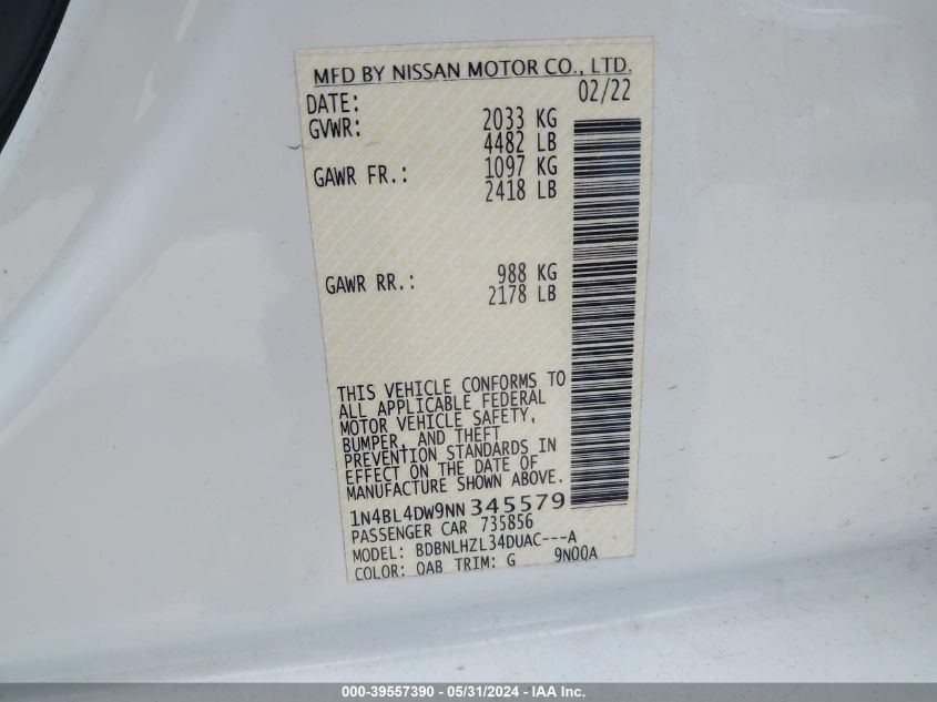 2022 Nissan Altima Sv Intelligent Awd VIN: 1N4BL4DW9NN345579 Lot: 39557390