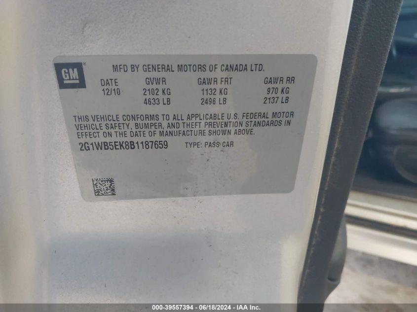 2011 Chevrolet Impala Lt VIN: 2G1WB5EK8B1187659 Lot: 39557394