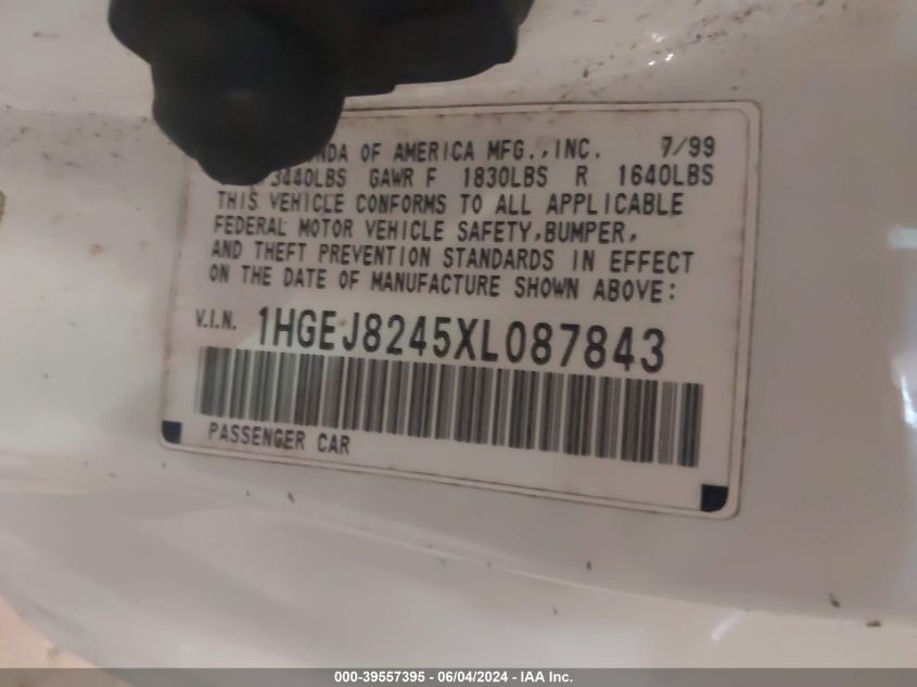 1999 Honda Civic Ex VIN: 1HGEJ8245XL087843 Lot: 39557395