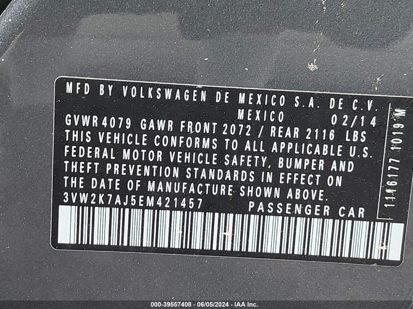 2014 Volkswagen Jetta 2.0L S VIN: 3VW2K7AJ5EM421457 Lot: 39557408