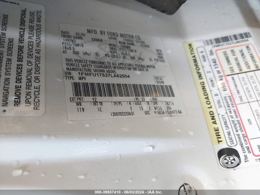 2007 Ford Expedition Eddie Bauer VIN: 1FMFU17537LA62504 Lot: 39557410