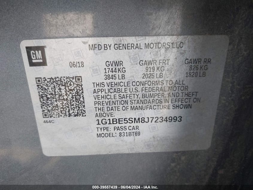 2018 Chevrolet Cruze Lt Auto VIN: 1G1BE5SM8J7234993 Lot: 39557439