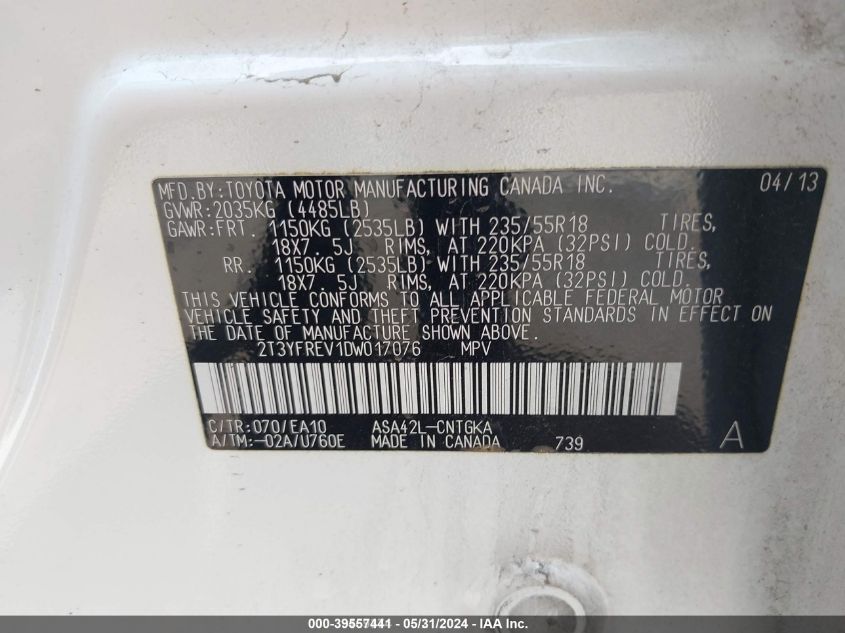 2013 TOYOTA RAV4 LIMITED - 2T3YFREV1DW017076