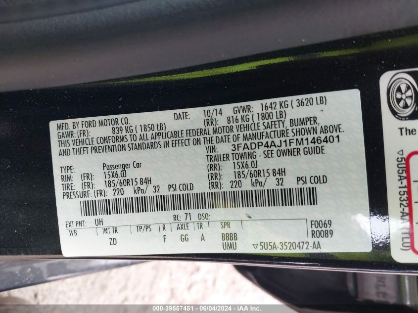 2015 Ford Fiesta S VIN: 3FADP4AJ1FM146401 Lot: 39557451