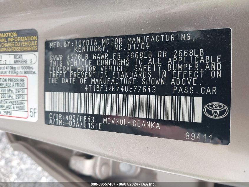 2004 Toyota Camry Le V6 VIN: 4T1BF32K74U577643 Lot: 39557457