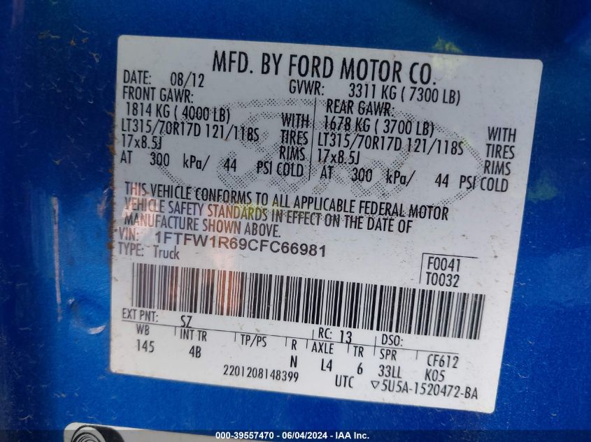 2012 Ford F-150 Svt Raptor VIN: 1FTFW1R69CFC66981 Lot: 39557470