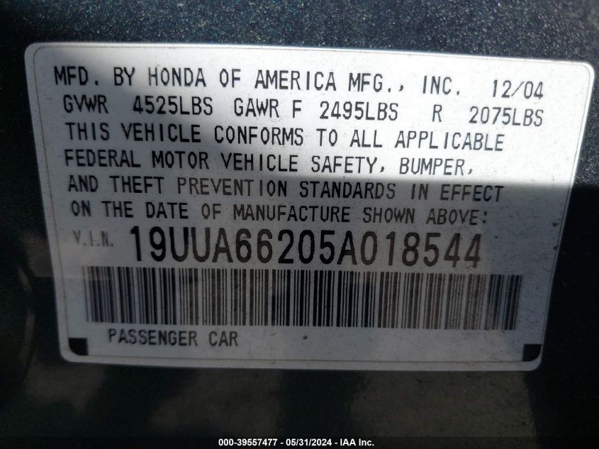 2005 Acura Tl VIN: 19UUA66205A018544 Lot: 39557477