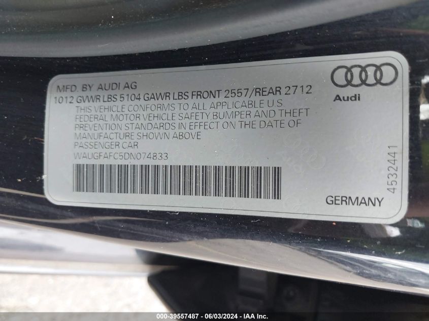 2013 Audi A6 2.0T Premium VIN: WAUGFAFC5DN074833 Lot: 39557487