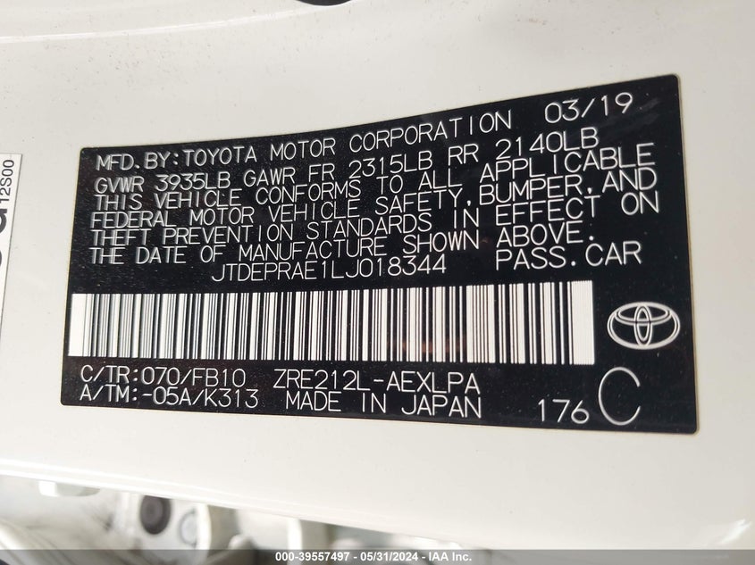 VIN JTDEPRAE1LJ018344 2020 TOYOTA COROLLA LE