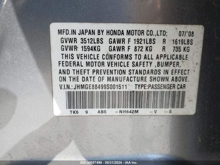 2009 Honda Fit Sport VIN: JHMGE88499S001511 Lot: 39557498