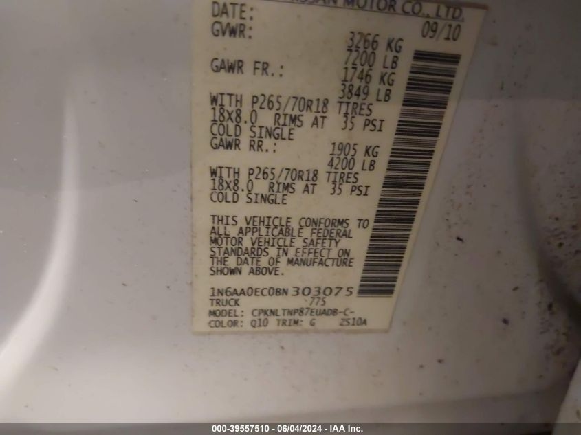 2011 Nissan Titan Sv VIN: 1N6AA0EC0BN303075 Lot: 39557510