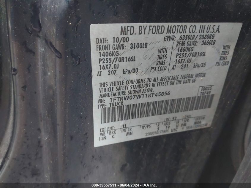 2001 Ford F-150 Harley-Davidson Edition/King Ranch Edition/Lariat/Xlt VIN: 1FTRW07W11KF45856 Lot: 39557511