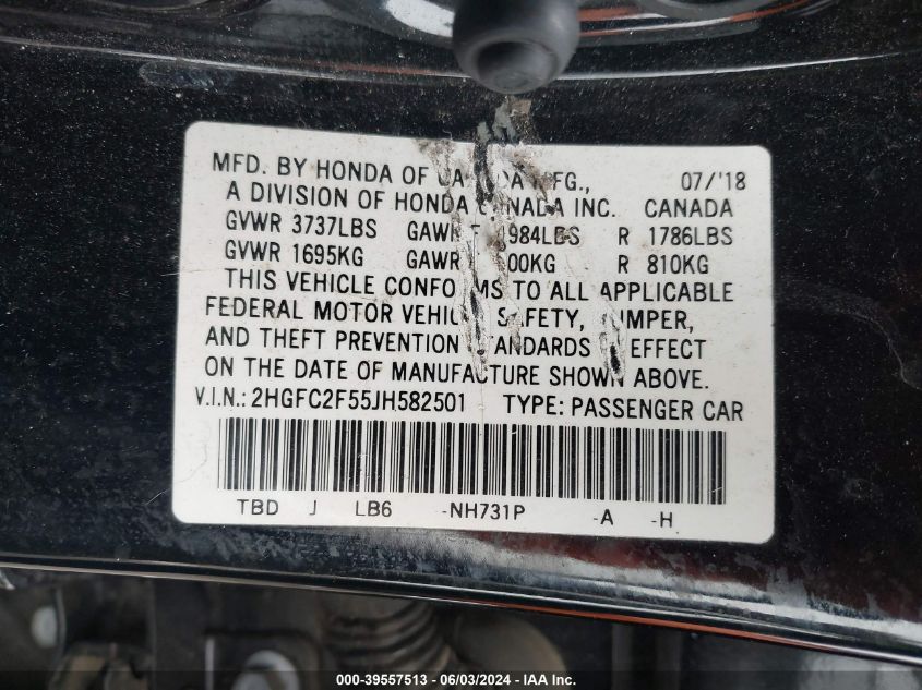 2018 Honda Civic Lx VIN: 2HGFC2F55JH582501 Lot: 39557513