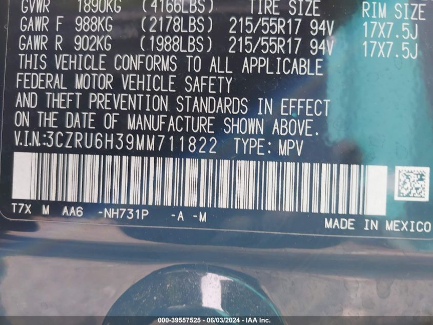 2021 Honda Hr-V Awd Lx VIN: 3CZRU6H39MM711822 Lot: 39557525