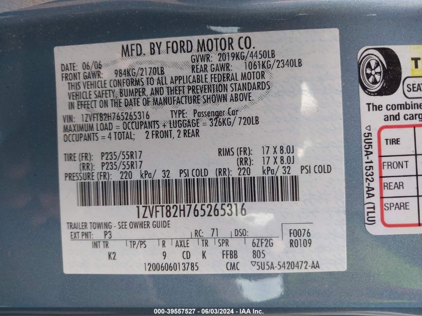 2006 Ford Mustang Gt VIN: 1ZVFT82H765265316 Lot: 39557527