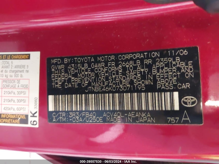 2007 Toyota Camry Le VIN: JTNBE46K073071195 Lot: 39557530