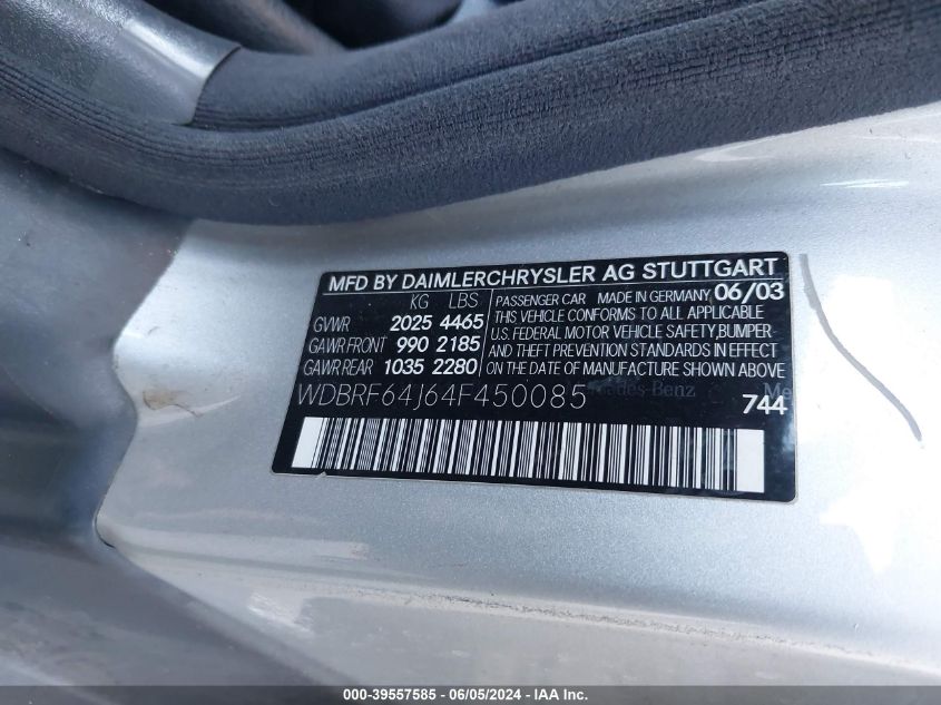 2004 Mercedes-Benz C 320 Sport VIN: WDBRF64J64F450085 Lot: 39557585