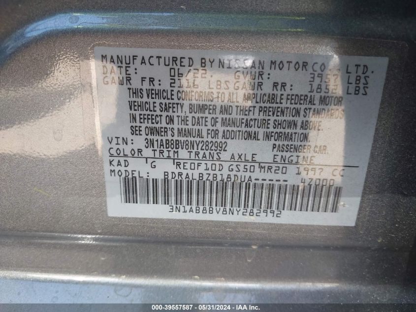 2022 Nissan Sentra S Xtronic Cvt VIN: 3N1AB8BV8NY282992 Lot: 39557587