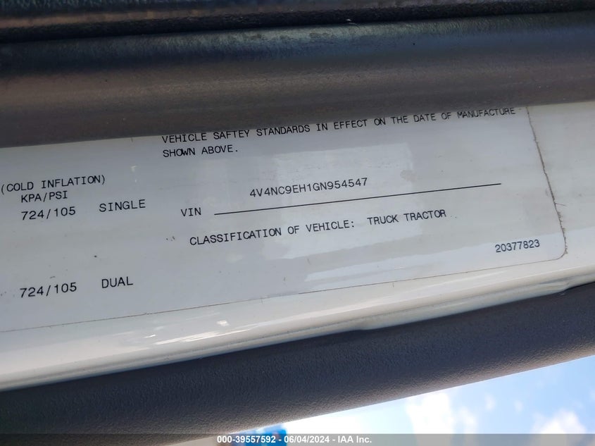 2016 Volvo Vn Vnl VIN: 4V4NC9EH1GN954547 Lot: 39557592