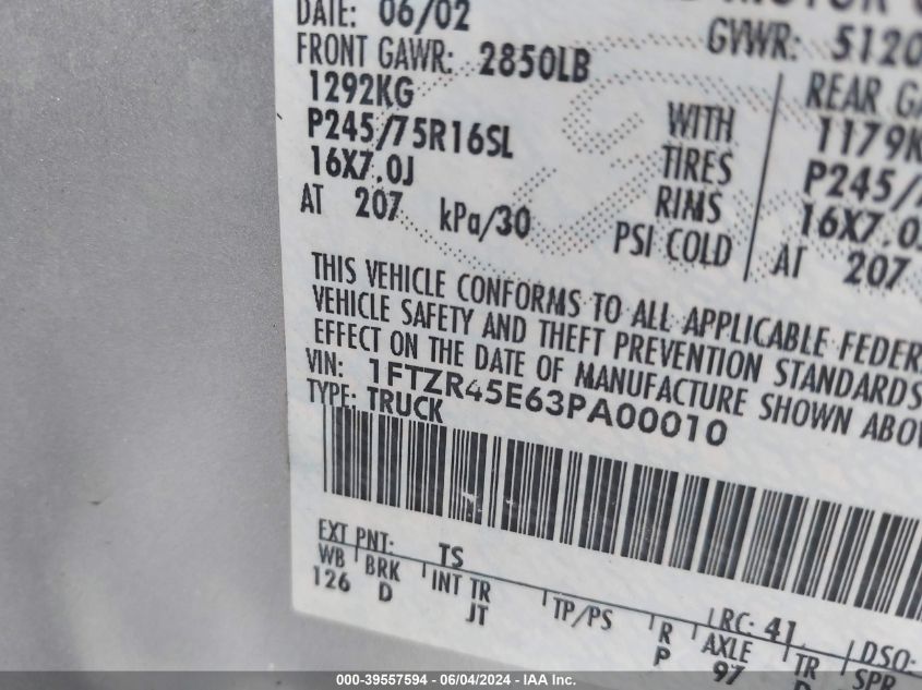 2003 Ford Ranger Edge/Xlt VIN: 1FTZR45E63PA00010 Lot: 39557594