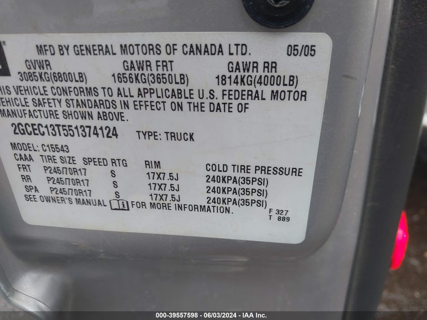 2005 Chevrolet Silverado 1500 Ls VIN: 2GCEC13T551374124 Lot: 39557598