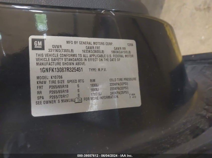 2007 Chevrolet Tahoe Lt VIN: 1GNFK13087R325451 Lot: 39557612