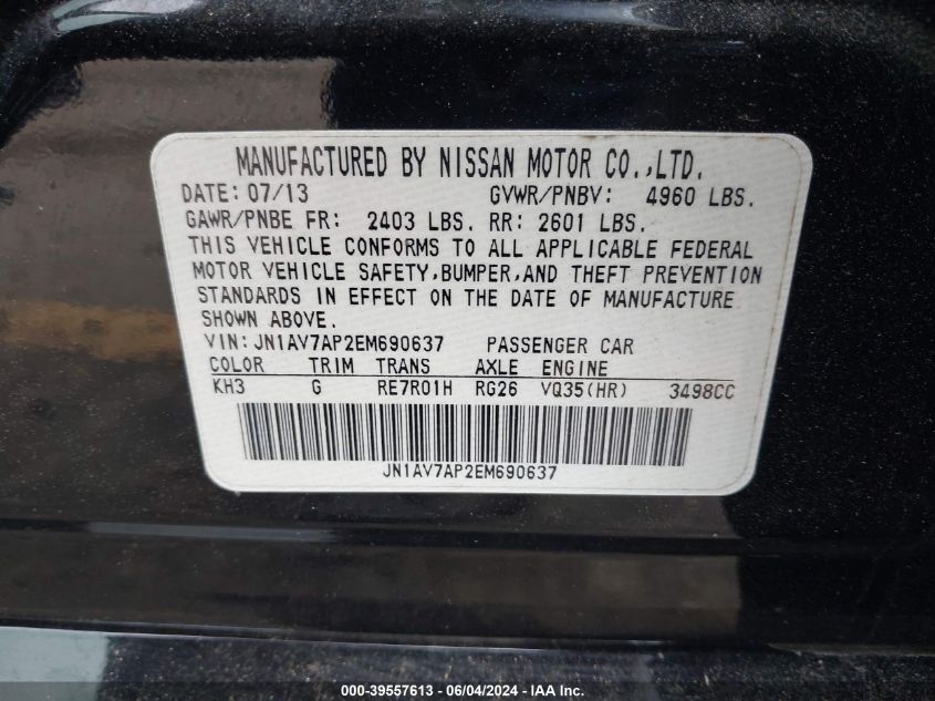 2014 Infiniti Q50 Hybrid Sport VIN: JN1AV7AP2EM690637 Lot: 39557613