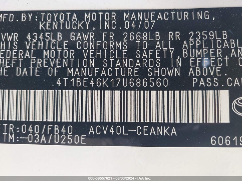 2007 Toyota Camry Ce/Le/Se/Xle VIN: 4T1BE46K174686560 Lot: 39557621