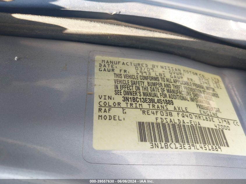 2009 Nissan Versa 1.8S VIN: 3N1BC13E39L451889 Lot: 39557630