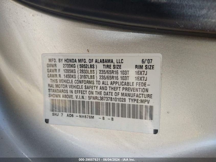 2007 Honda Odyssey Ex-L VIN: 5FNRL38737B101028 Lot: 39557631