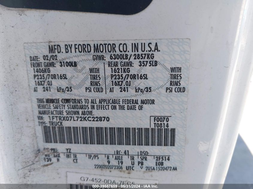 2002 Ford F-150 Lariat/Xl/Xlt VIN: 1FTRX07L72KC22870 Lot: 39557659