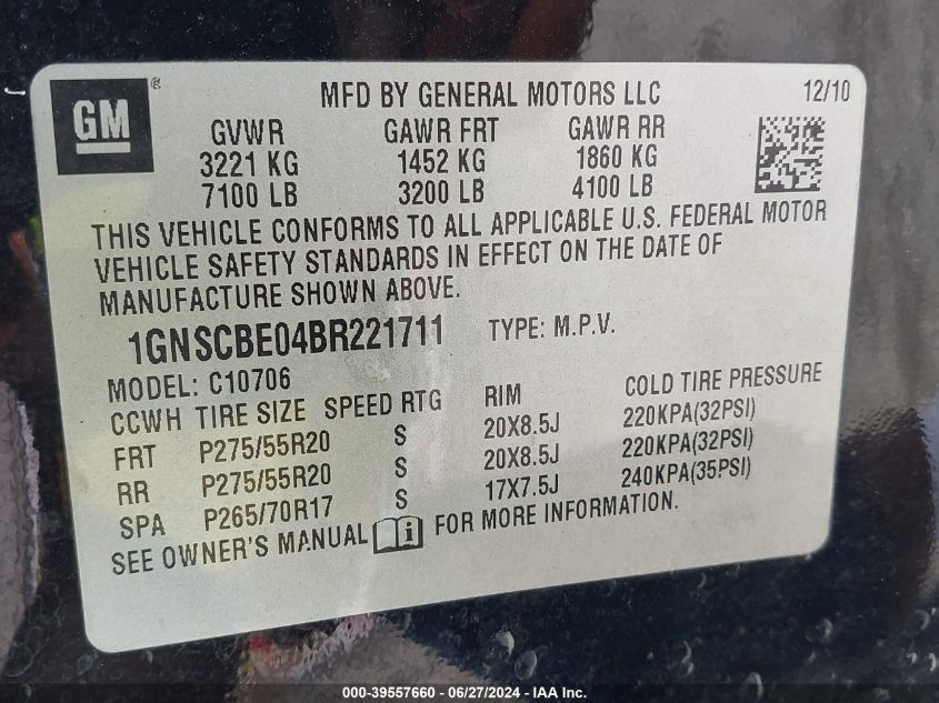 2011 Chevrolet Tahoe Lt VIN: 1GNSCBE04BR221711 Lot: 39557660