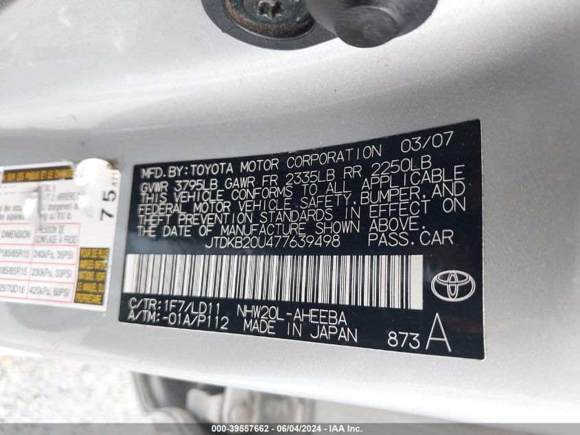 JTDKB20U477639498 2007 Toyota Prius