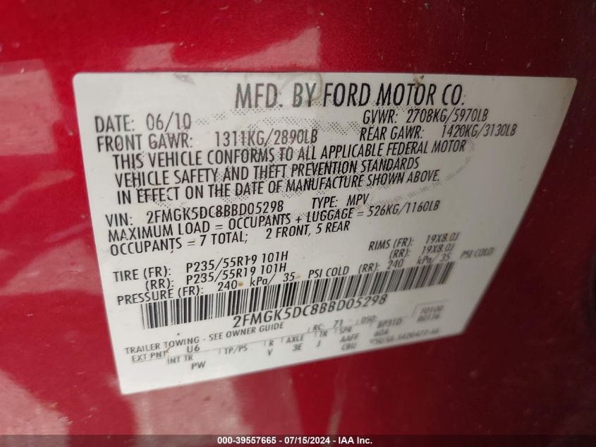 2011 Ford Flex Limited VIN: 2FMGK5DC8BBD05298 Lot: 39557665