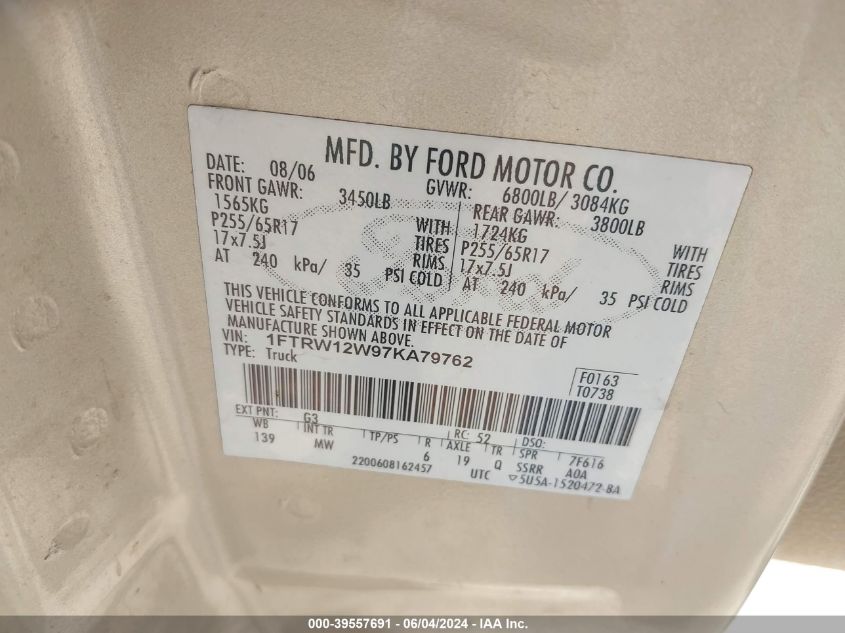 2007 Ford F-150 Xlt VIN: 1FTRW12W97KA79762 Lot: 39557691