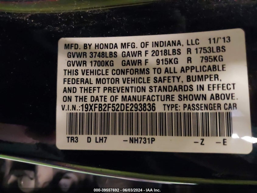 2013 Honda Civic Lx VIN: 19XFB2F52DE293836 Lot: 39557692