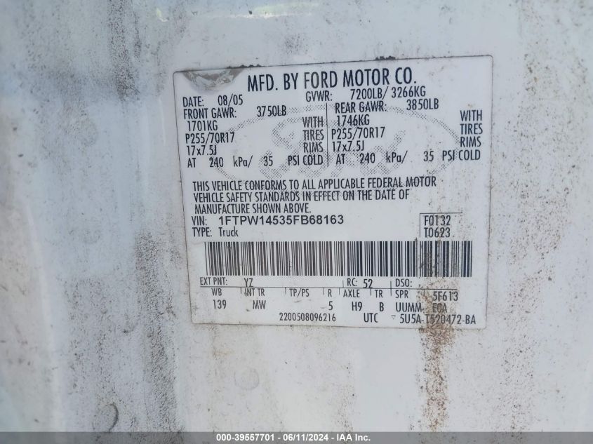 2005 Ford F-150 Fx4/Lariat/Xlt VIN: 1FTPW14535FB68163 Lot: 39557701